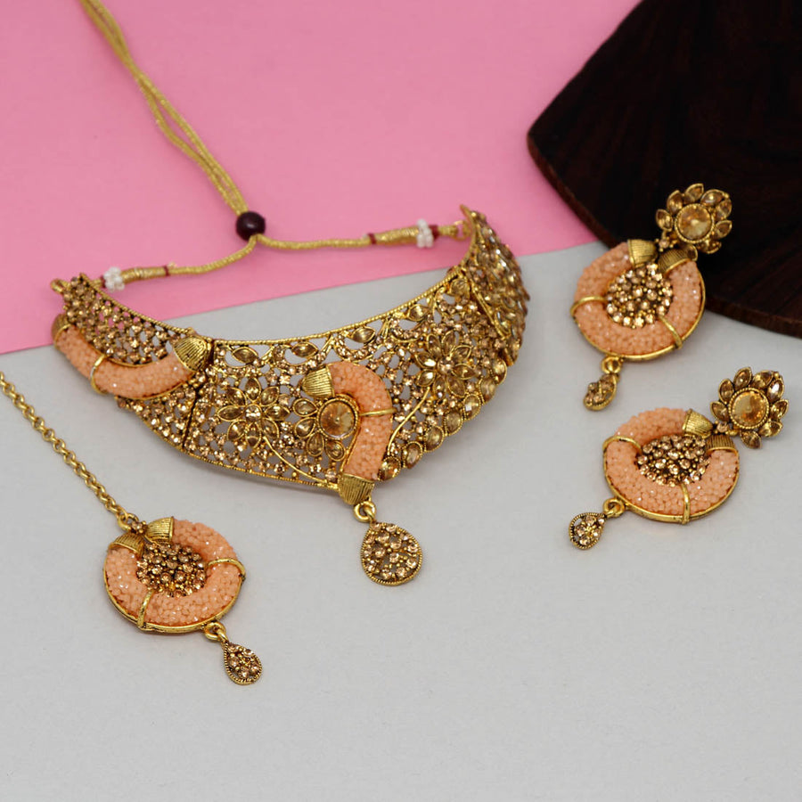Peach Color Kundan Polki Necklace Set (KPN169PCH)