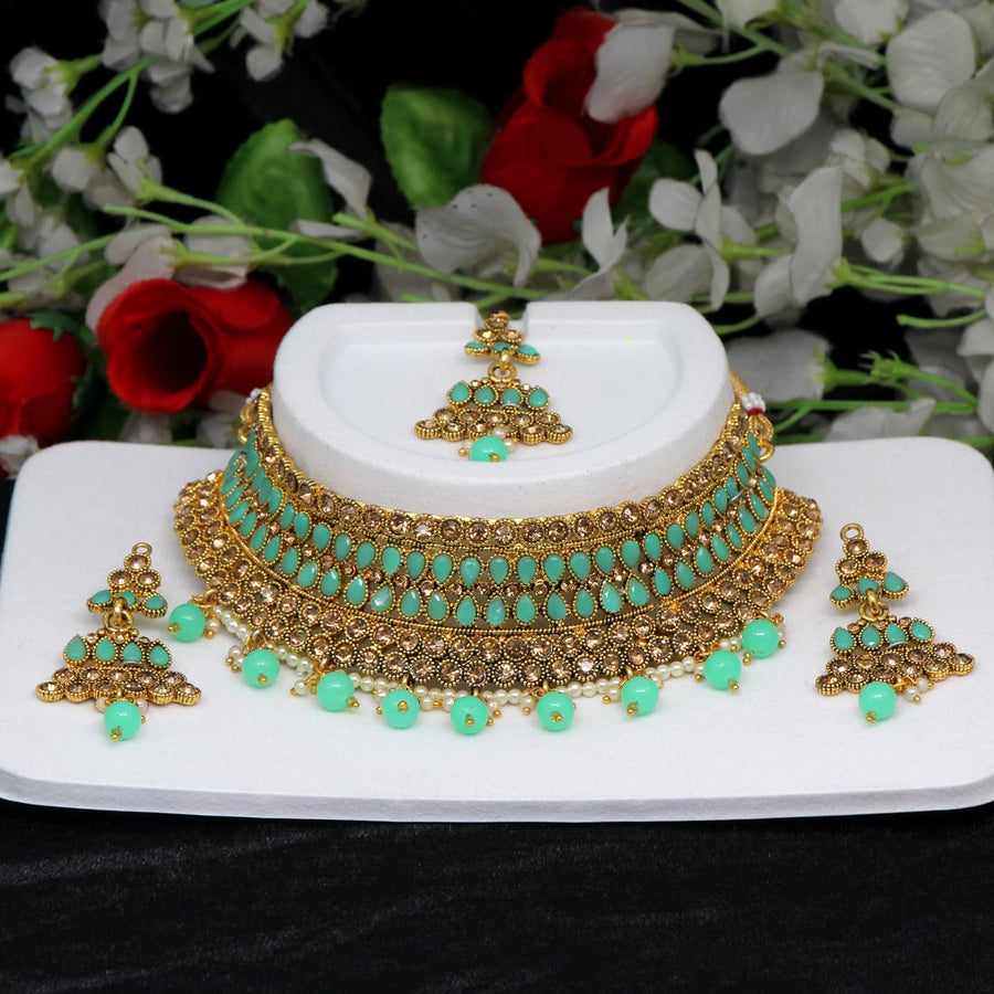 Parrot Green Color Kundan Polki Necklace Set (KPN174PGRN)