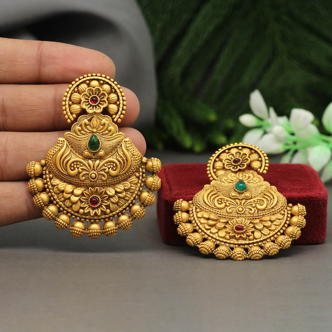 Maroon & Green Color Matte Gold Earrings (MGE160MG)