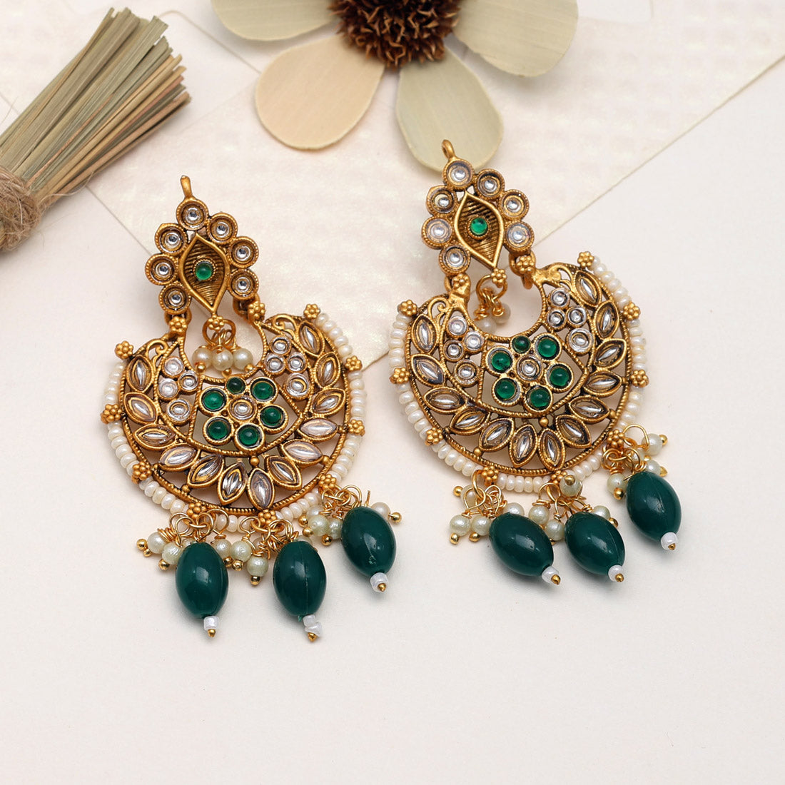 Green Color Matte Gold Earrings (MGE213GRN)