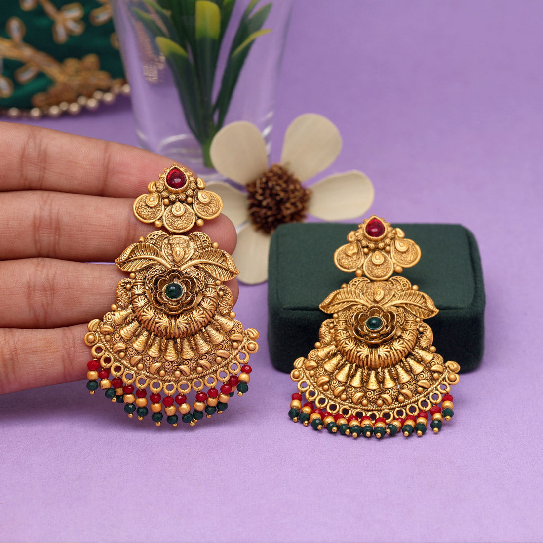 Maroon & Green Color Rajwadi Matte Gold Earrings (MGE226MG)