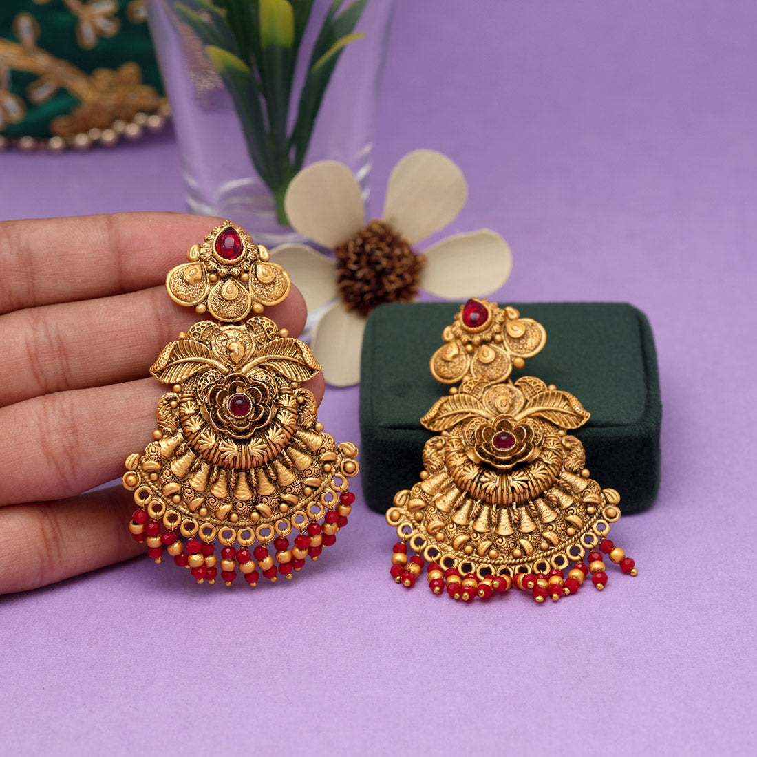 Maroon Color Rajwadi Matte Gold Earrings (MGE226MRN)