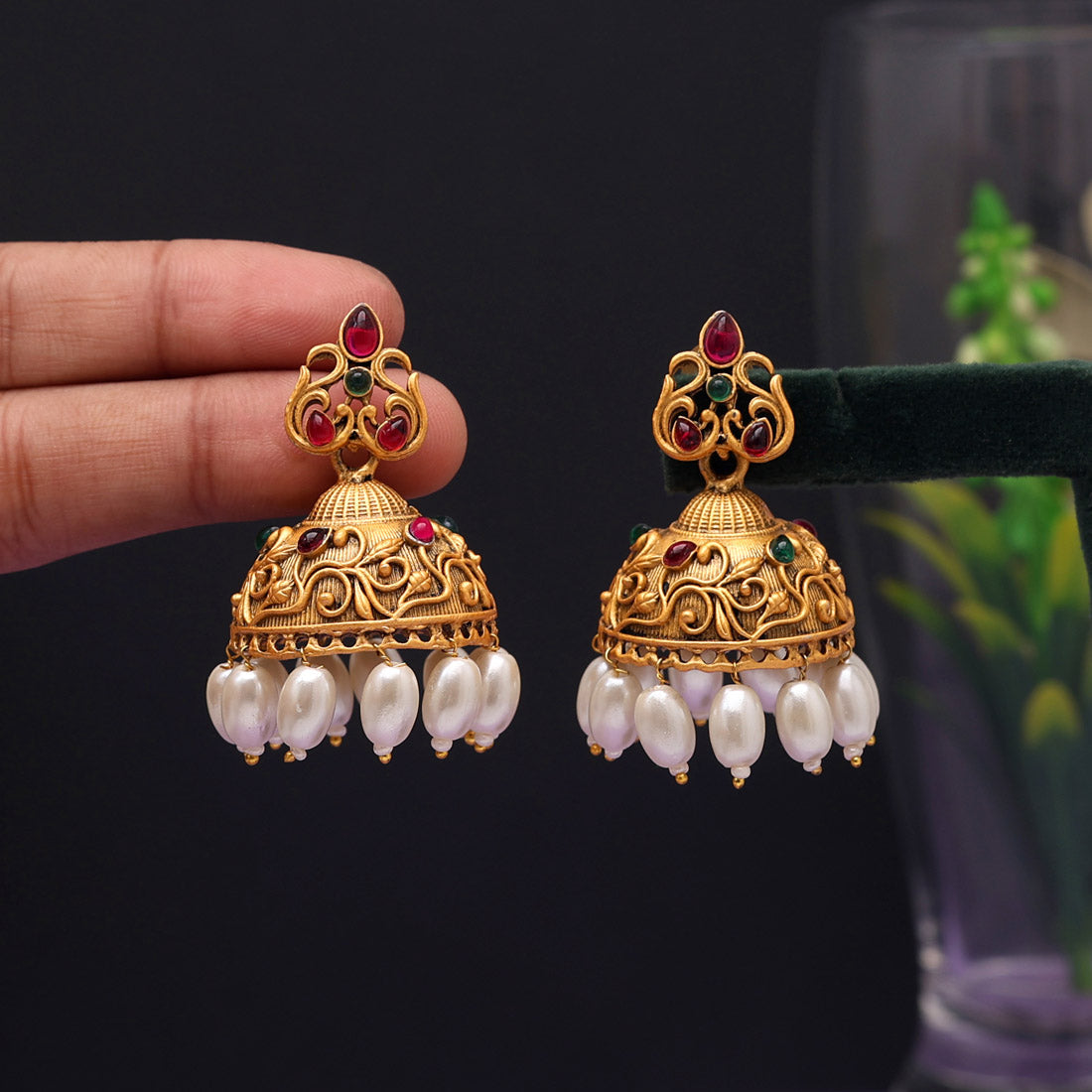 Rani & Green Color Matte Gold Earrings (MGE227RNIGRN)