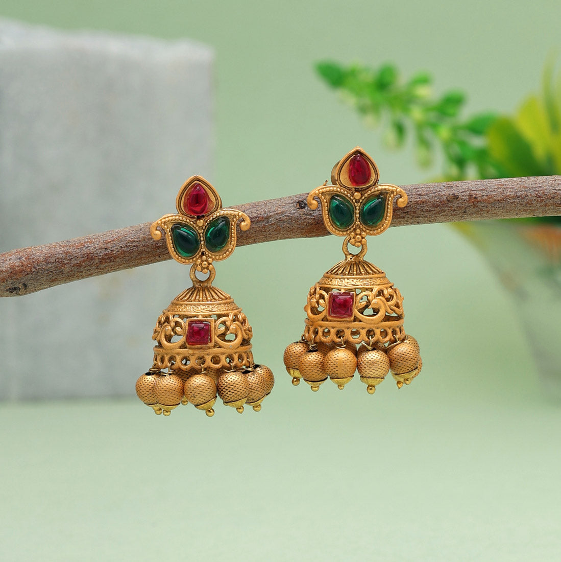 Rani & Green Color Matte Gold Earrings (MGE240RNIGRN)