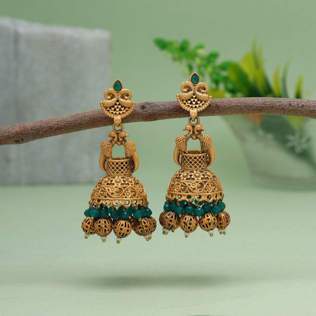 Green Color Matte Gold Earrings (MGE246GRN)