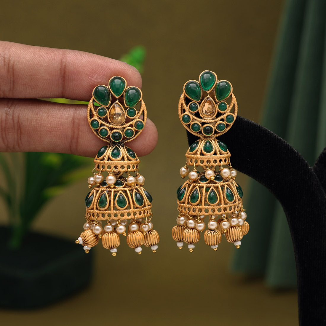 Green Color Matte Gold Earrings (MGE263GRN)