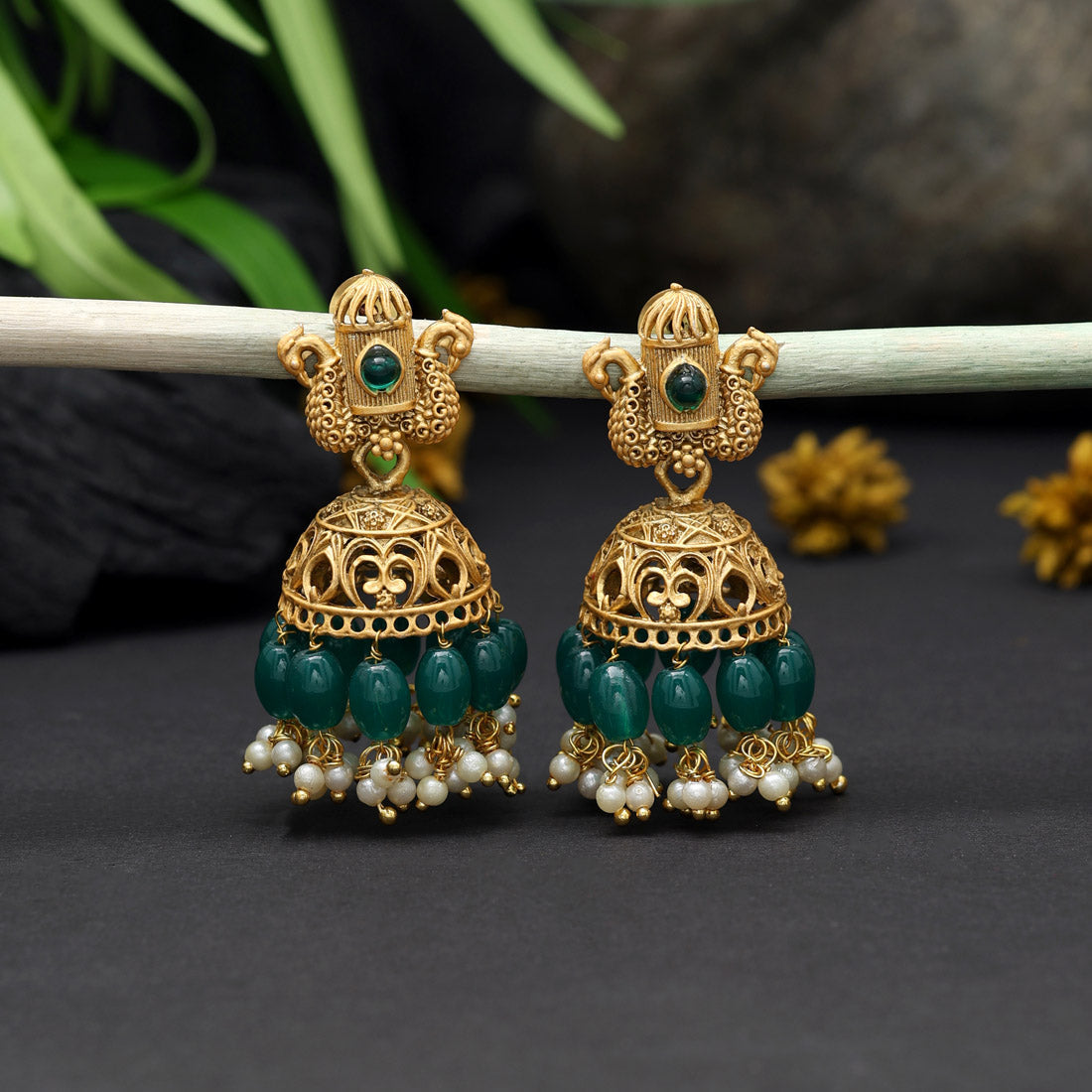 Green Color Matte Gold Earrings (MGE274GRN)
