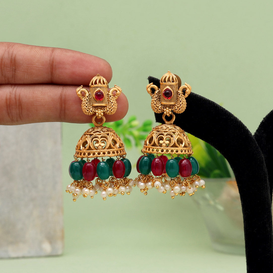Maroon & Green Color Matte Gold Earrings (MGE274MG)