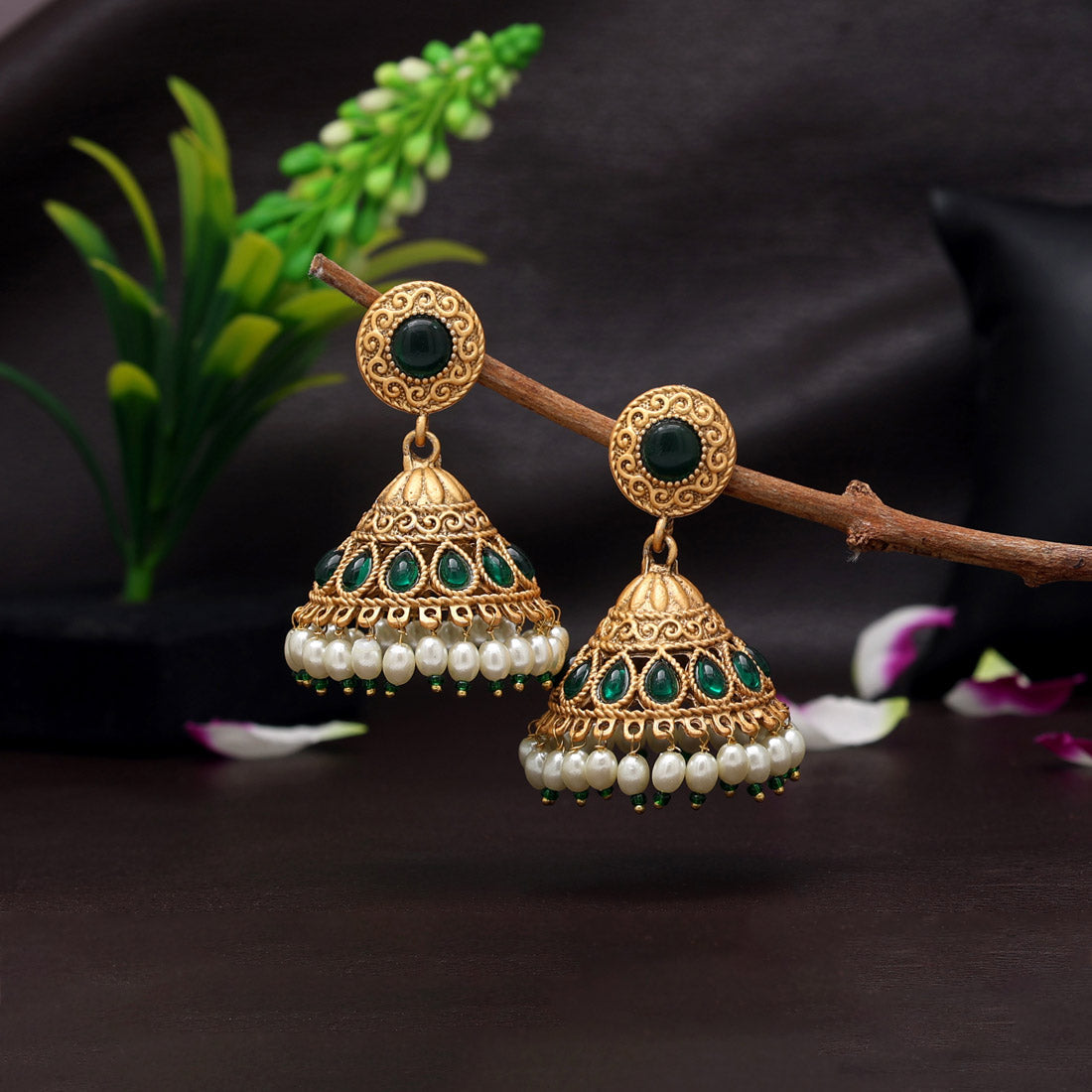 Green Color Matte Gold Jhumka Earrings (MGE286GRN)