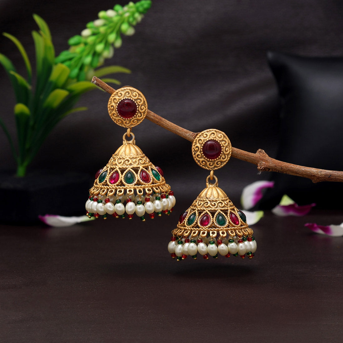 Rani & Green Color Matte Gold Jhumka Earrings (MGE286RNIGRN)