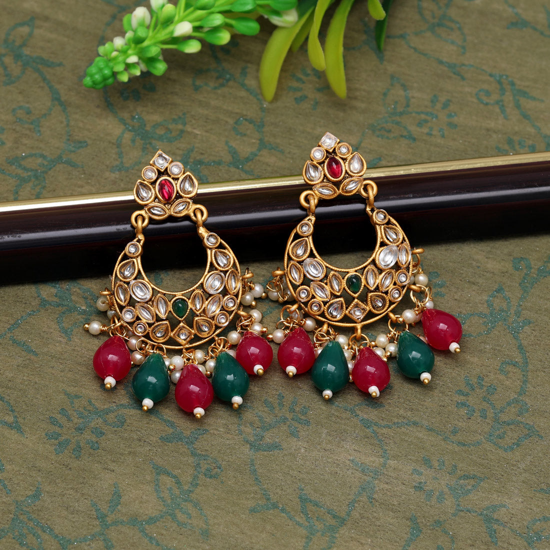 Rani & Green Color Matte Gold Earrings (MGE292RNIGRN)