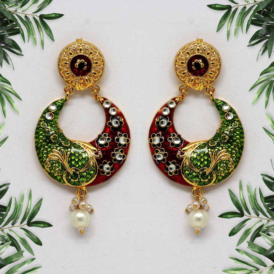 Red & Green Color Kundan Meenakari Earrings (MKE1140REDGRN)