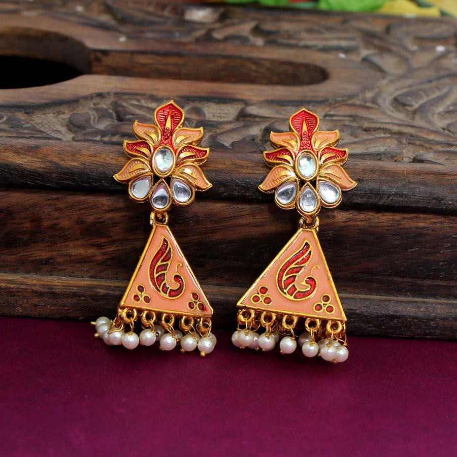 Peach Color Kundan Meenakari Earrings (MKE1197PCH)