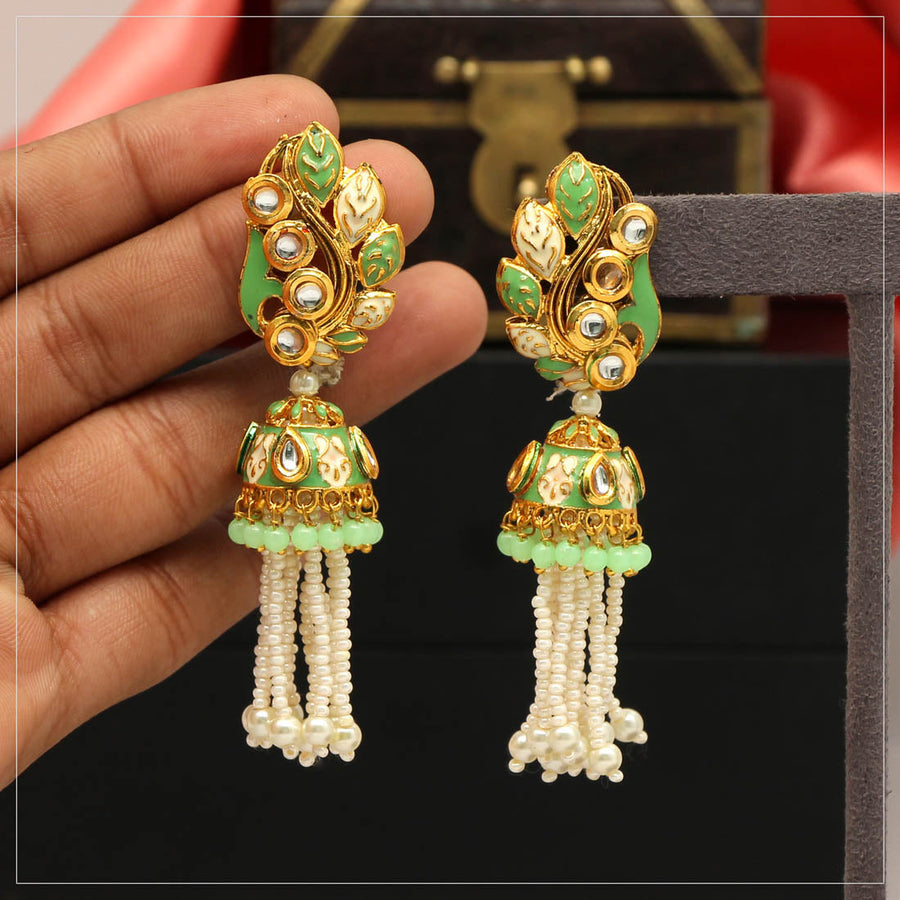 Parrot Green Color Glass Stone Meenakari Earrings (MKE1351PGRN)