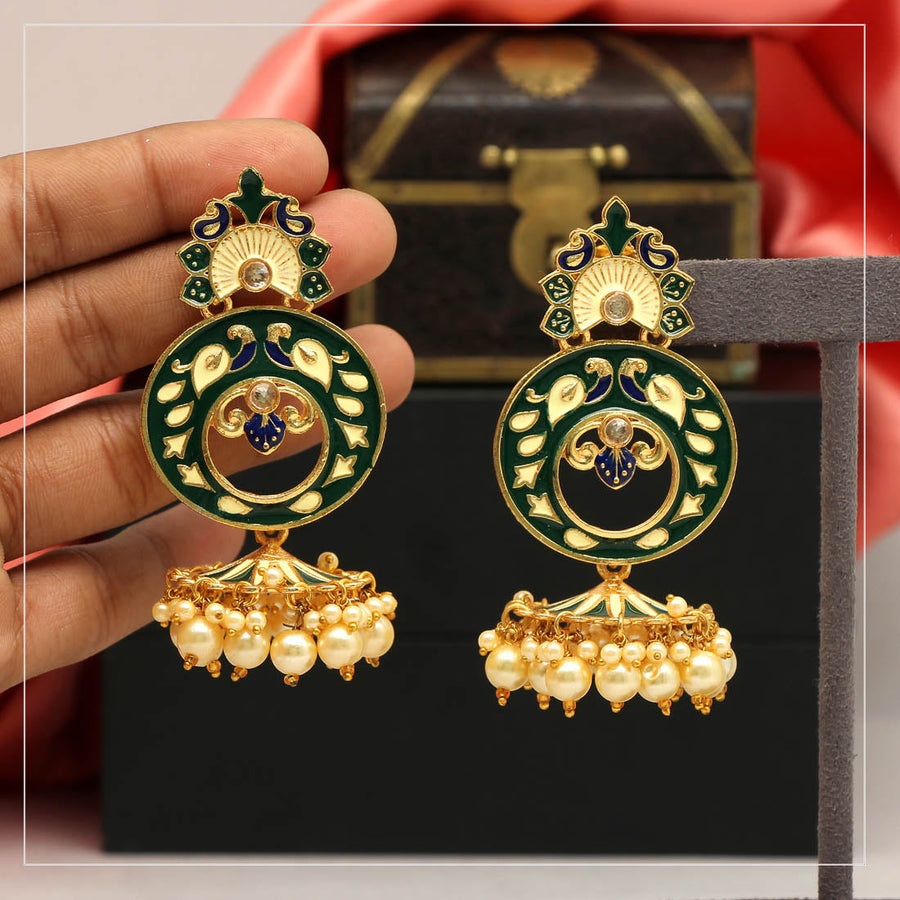 Green Color Glass Stone Meenakari Earrings (MKE1419GRN)