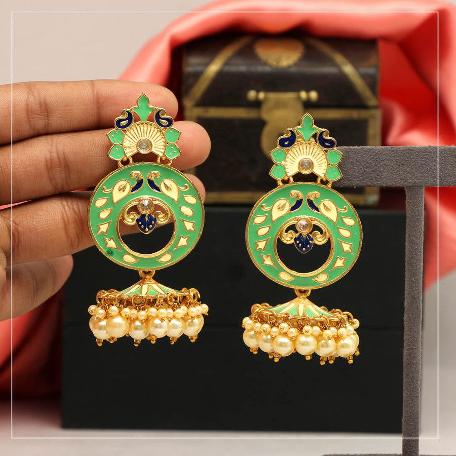 Green Color Glass Stone Meenakari Earrings (MKE1419PGRN)
