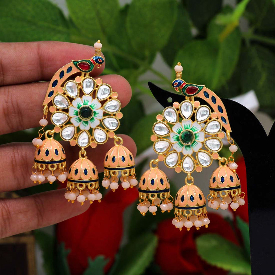 Peach Color Kundan Meenakari Earrings (MKE1434PCH)