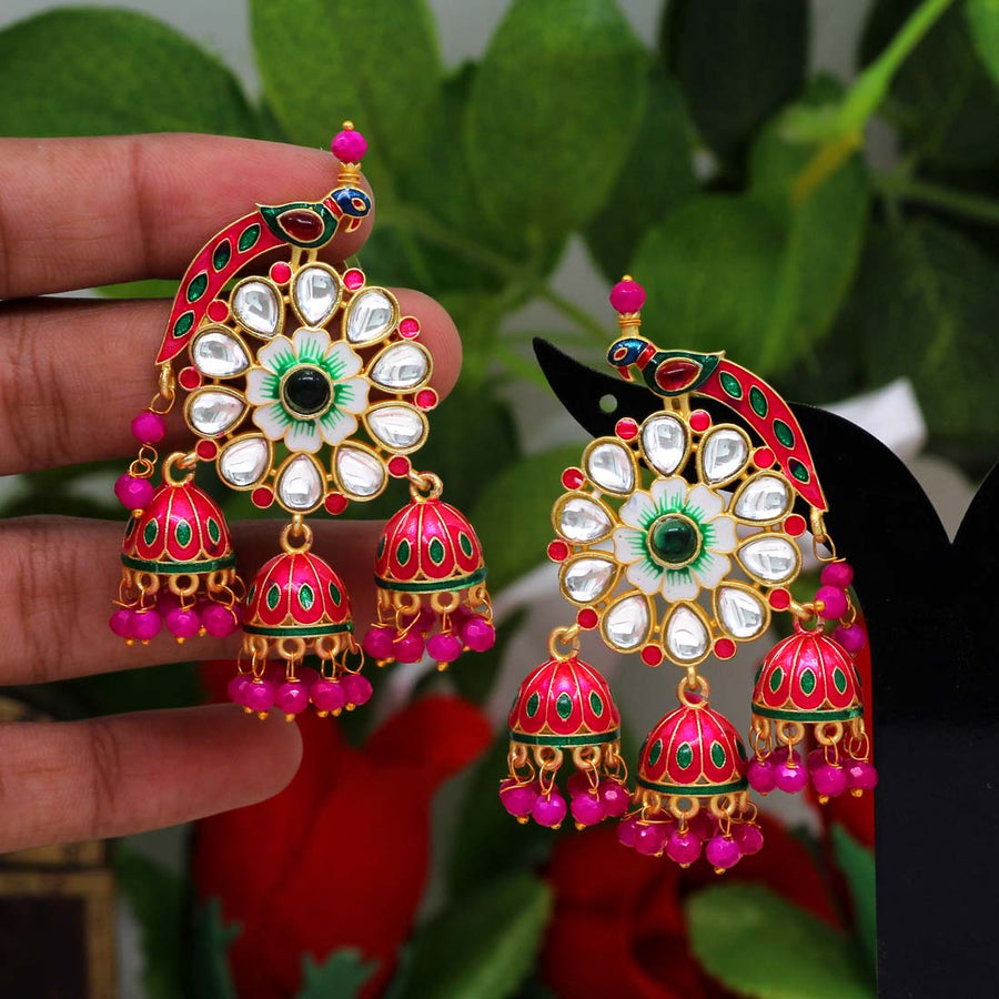 Rani Color Kundan Meenakari Earrings (MKE1434RNI)