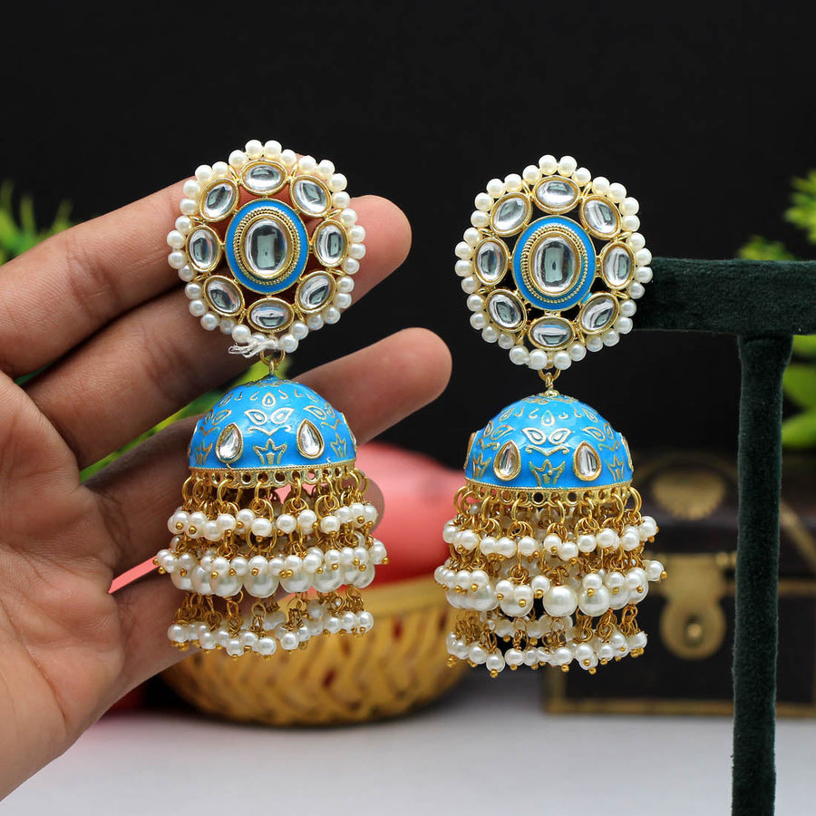 Firozi Color Kundan Meenakari Earrings (MKE1478FRZ)