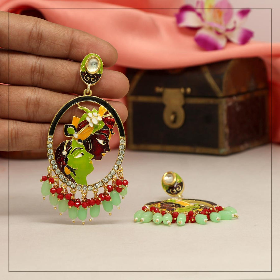 Parrot Green Color Hand Painted Radha Krishna Meenakari Earrings (MKE1510PGRN)