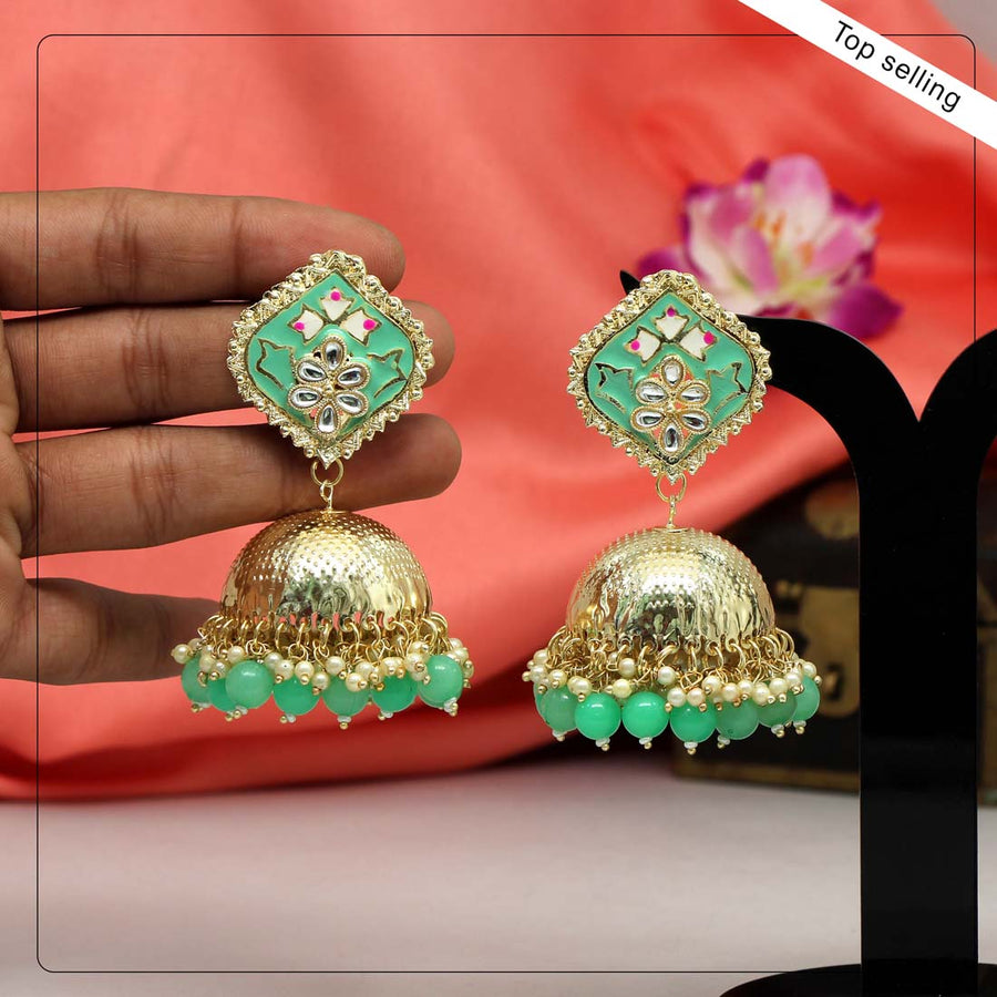 Parrot Green Color Kundan Meenakari Earrings (MKE1513PGRN)