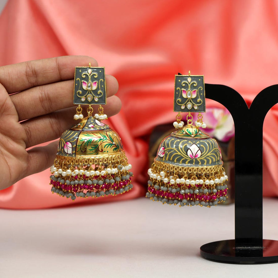 Grey Color Hand Painted Meenakari Earrings (MKE1520GRY)