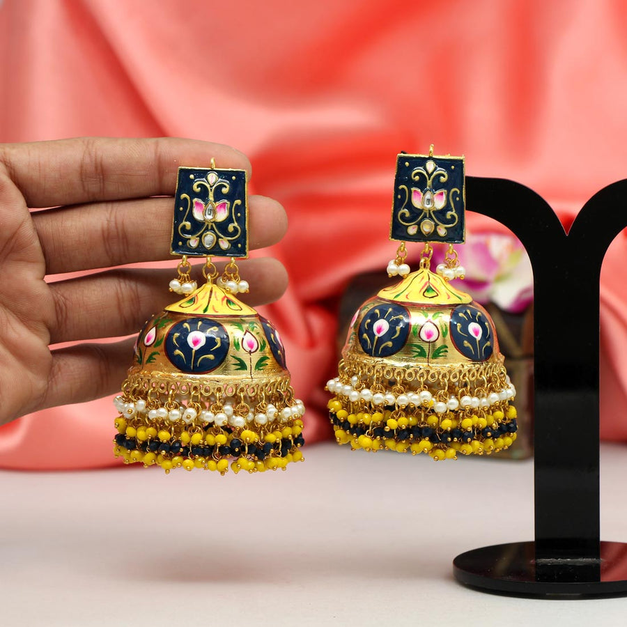 Yellow Color Hand Painted Meenakari Earrings (MKE1520YLW)