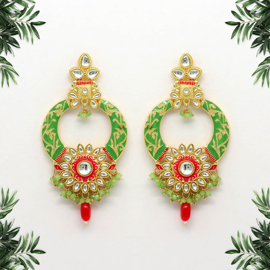 Parrot Green Color Kundan Meenakari Earrings (MKE1523PGRN)