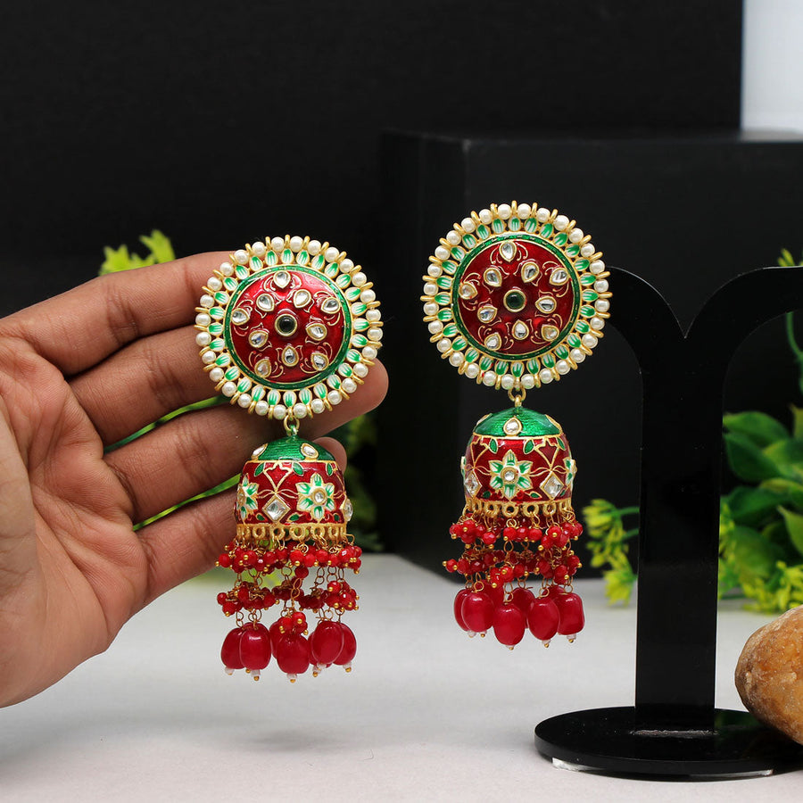 Maroon & Green Color Hand Painted Meenakari Earrings (MKE1560MG)