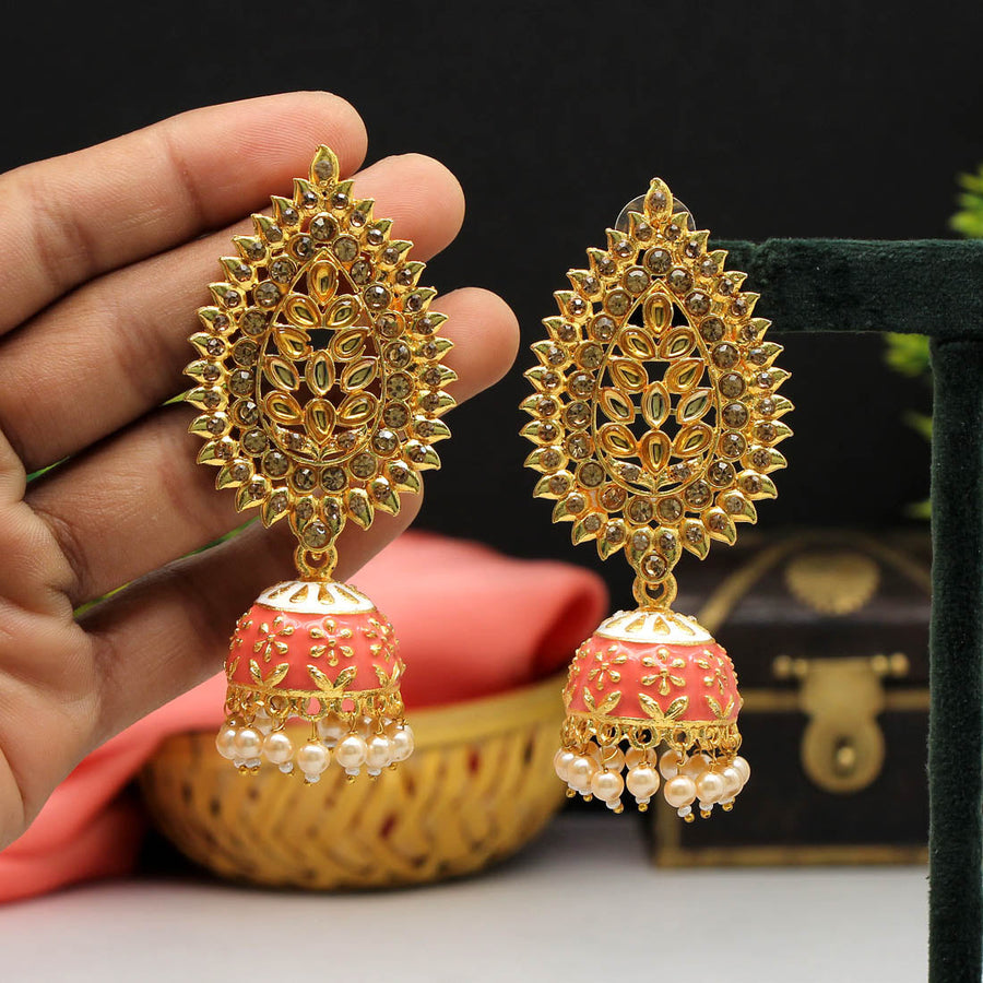 Dark Peach Color Glass Stone Meenakari Earrings (MKE1575DPCH)