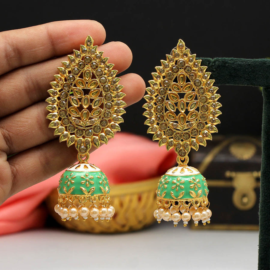 Parrot Green Color Glass Stone Meenakari Earrings (MKE1575PGRN)