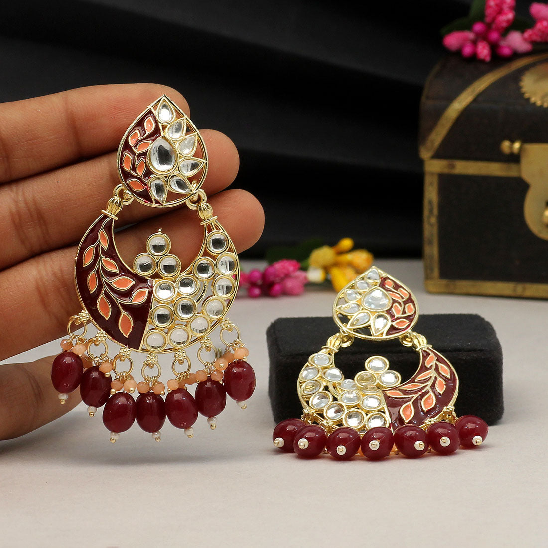 Maroon Color Meenakari Earrings (MKE1719MRN)