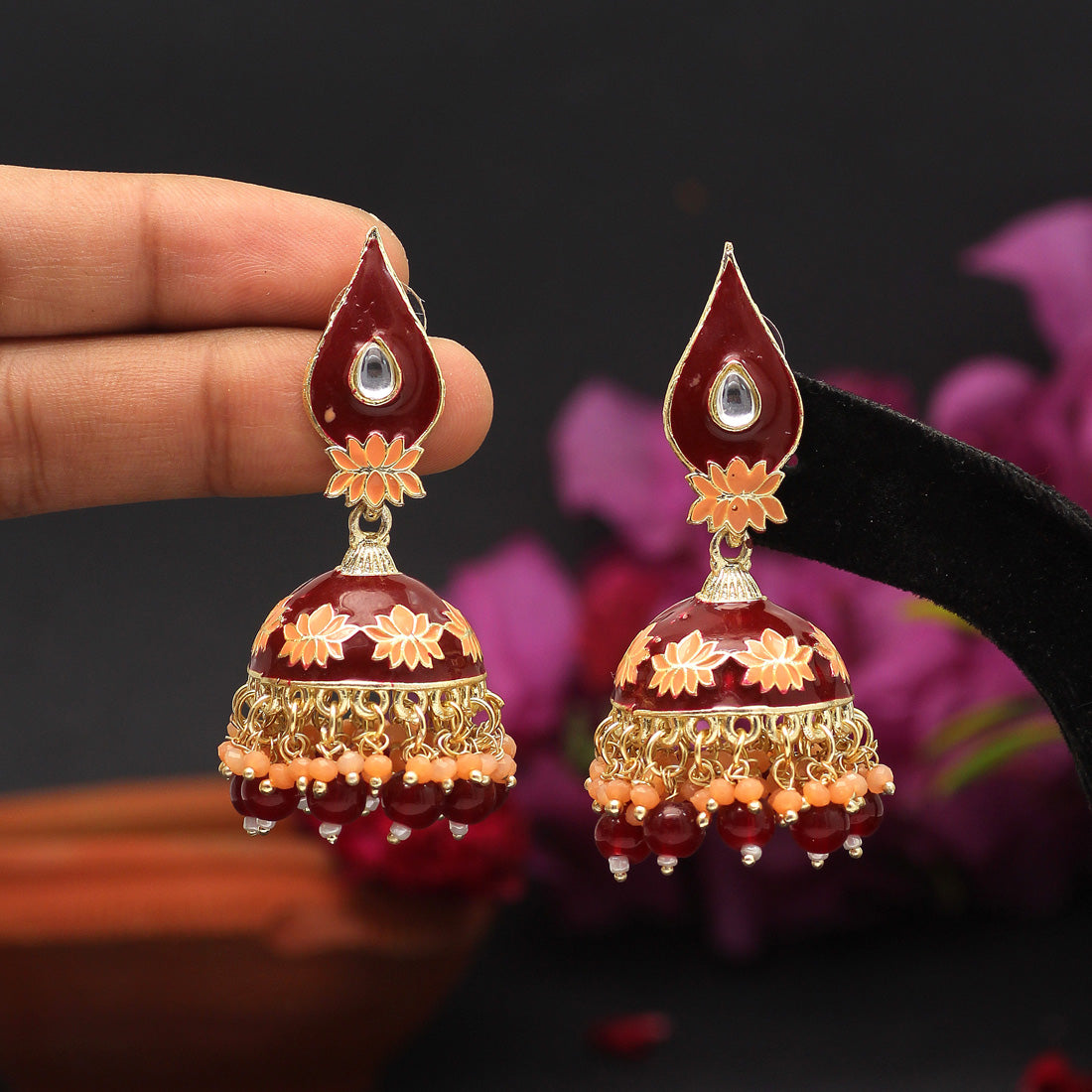 Maroon Color Meenakari Earrings (MKE1770MRN)