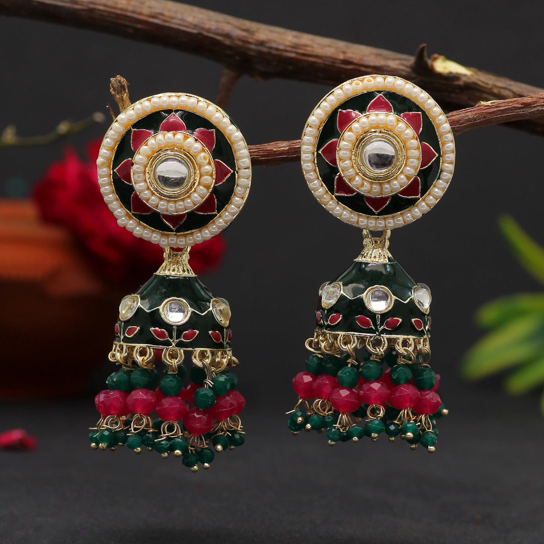 Green Color Meenakari Earrings (MKE1774GRN)