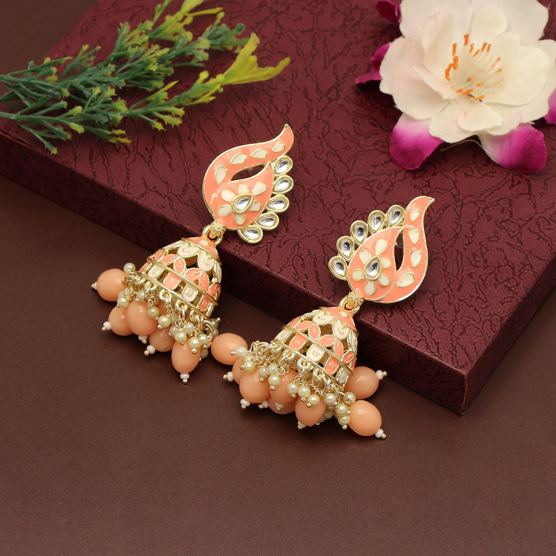 Peach Color Meenakari Earrings (MKE1787PCH)
