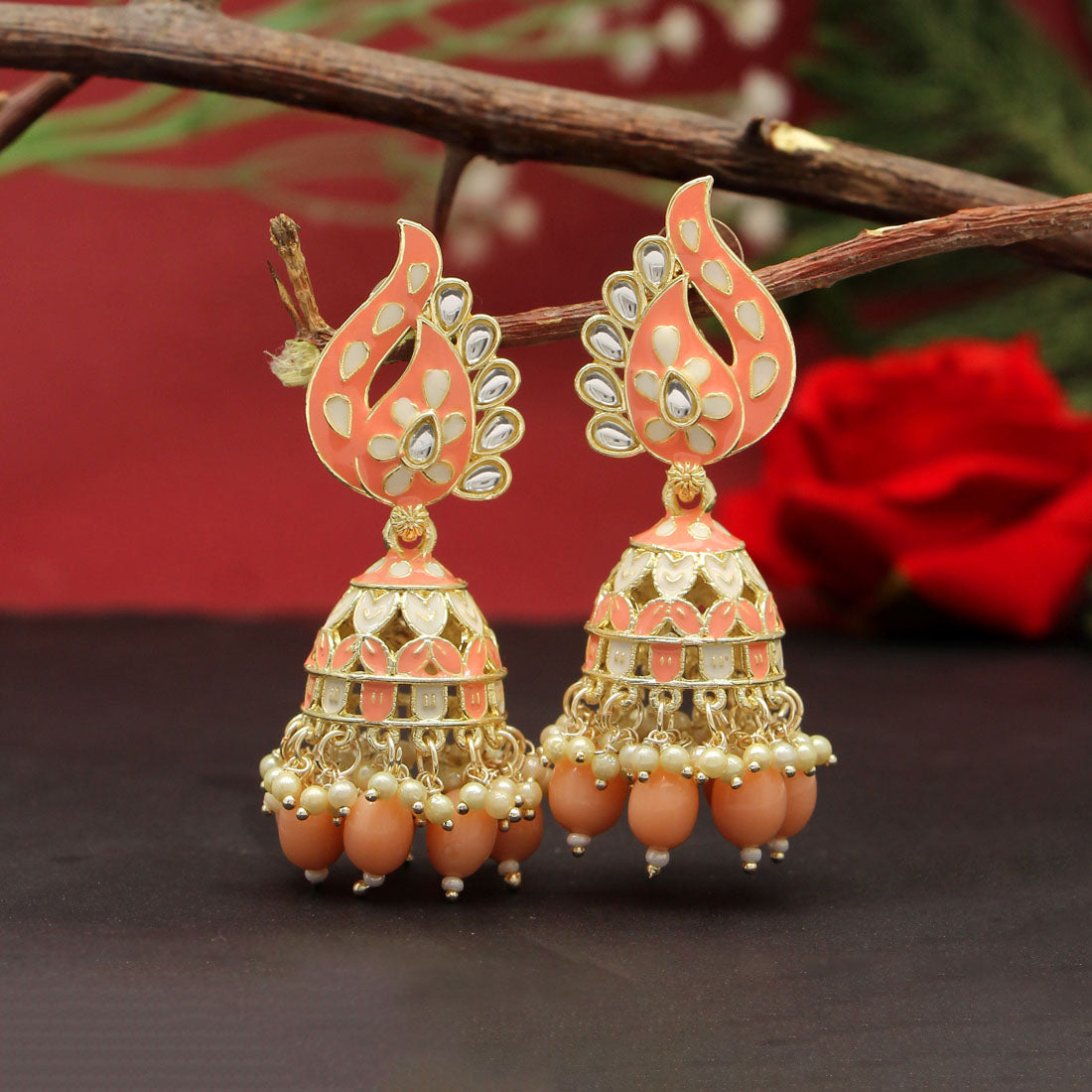 Peach Color Meenakari Earrings (MKE1787PCH)