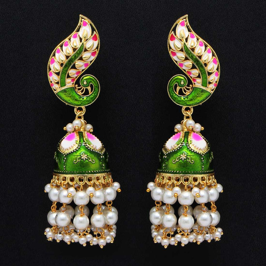 Green Color Imitation Pearl Meenakari Earrings (MKE829GRN)