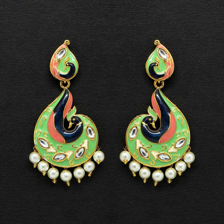 Parrot Green Color Glass Stone Meenakari Earrings (MKE976PGRN)