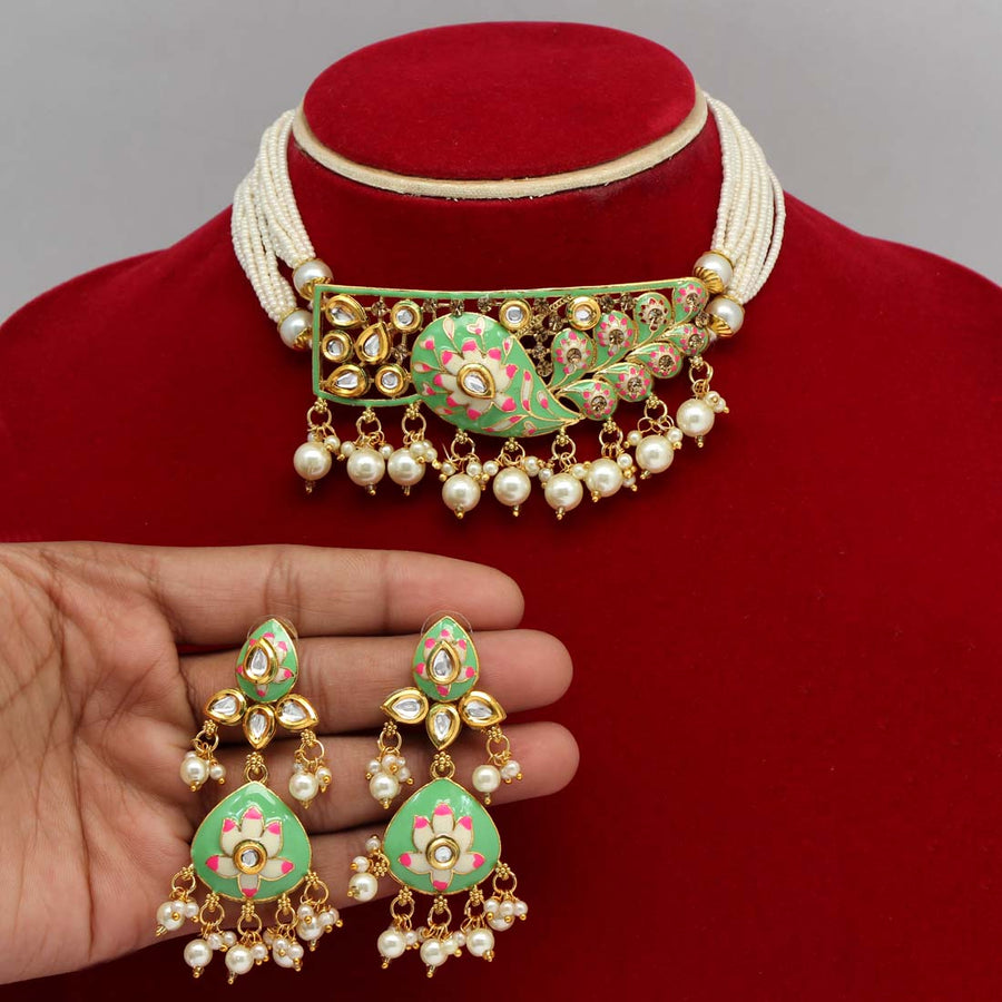 Rama Green Color Kundan Meenakari Necklace Set (MKN203RGRN)