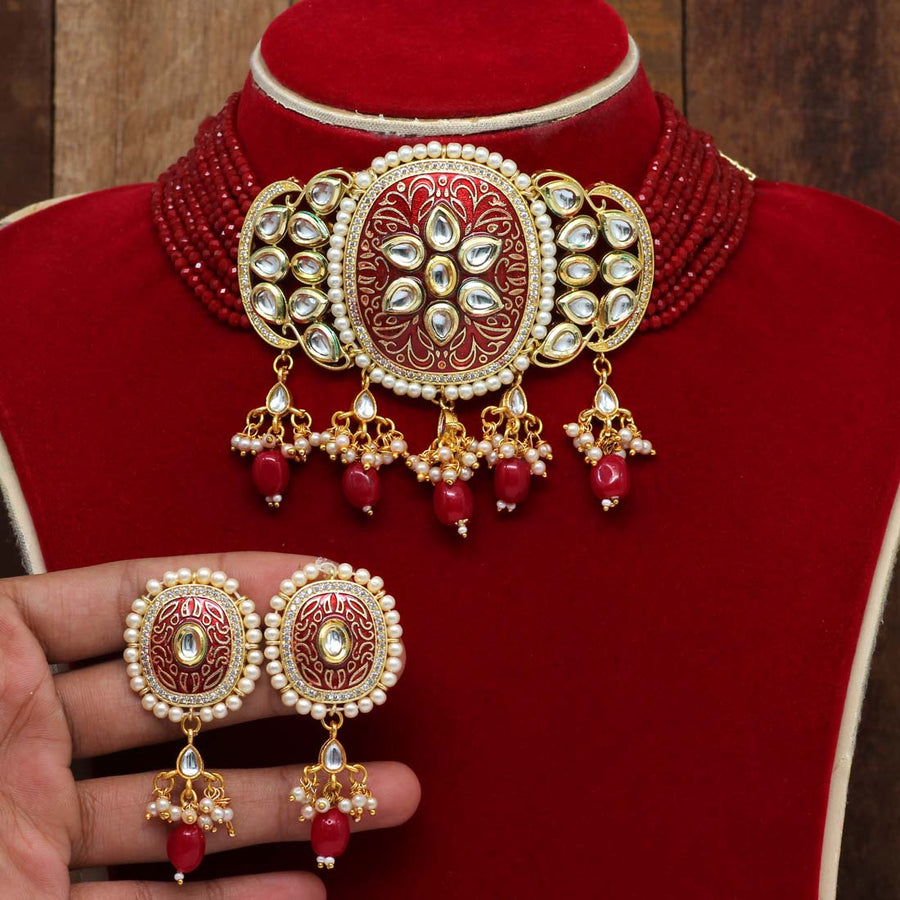 Maroon Color Kundan Meenakari Choker Necklace Set (MKN279MRN)