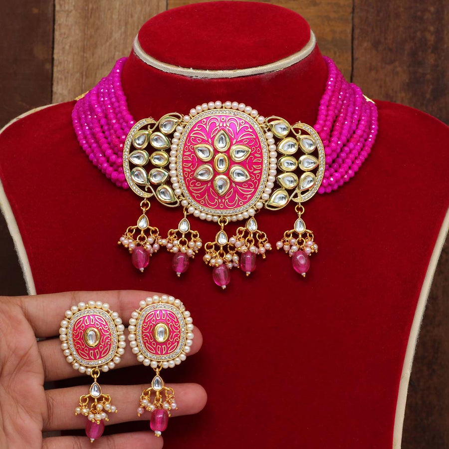 Rani Color Kundan Meenakari Choker Necklace Set (MKN279RNI)