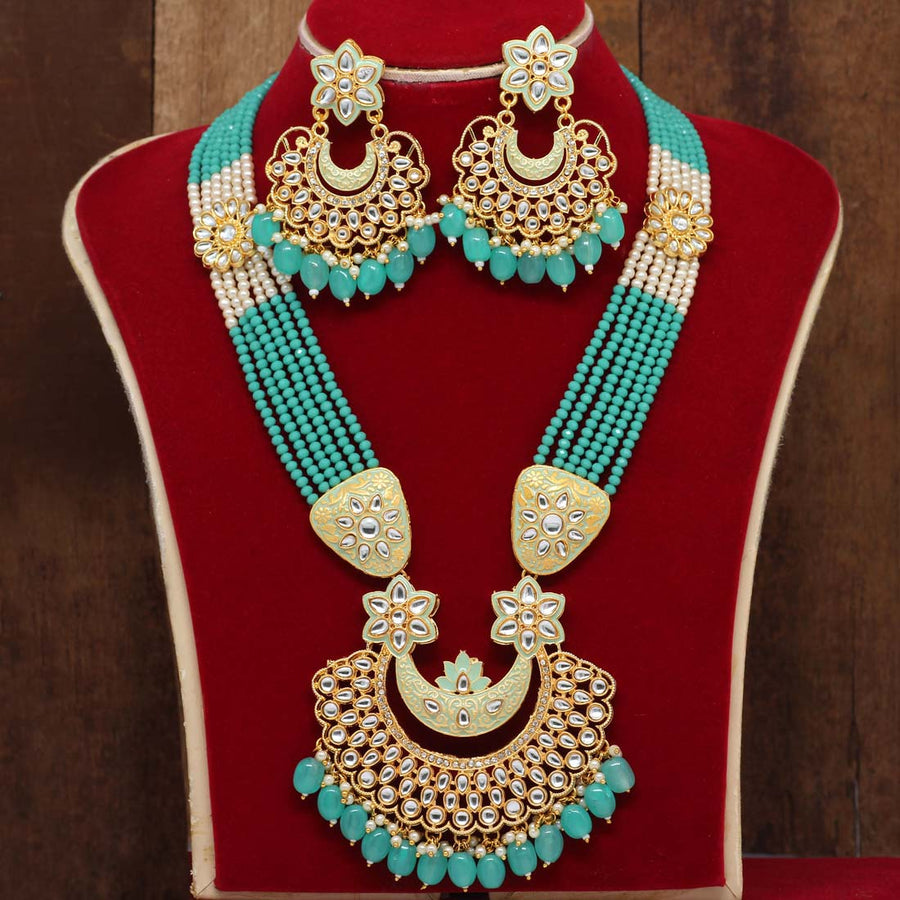 Rama Green Color Kundan Meenakari Necklace Set (MKN283RGRN)