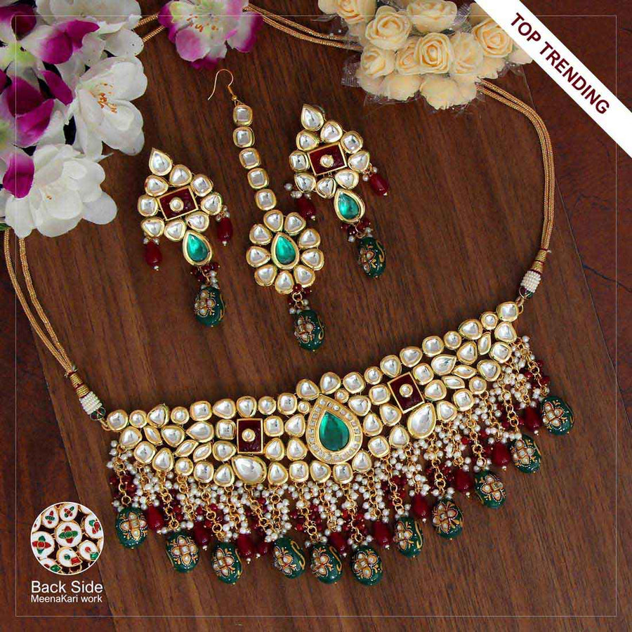 Maroon & Green Color Kundan Mint Meena Necklace Set (MKN314GM)
