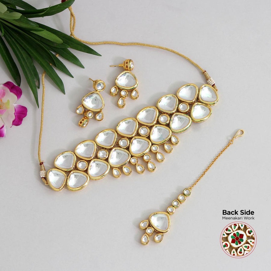 White Color Kundan Meena Choker Necklace Set (MKN333WHT)