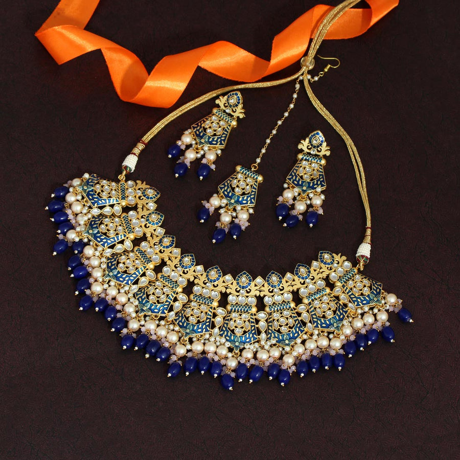 Blue Color Kundan Meenakari Necklace Set (MKN386BLU)