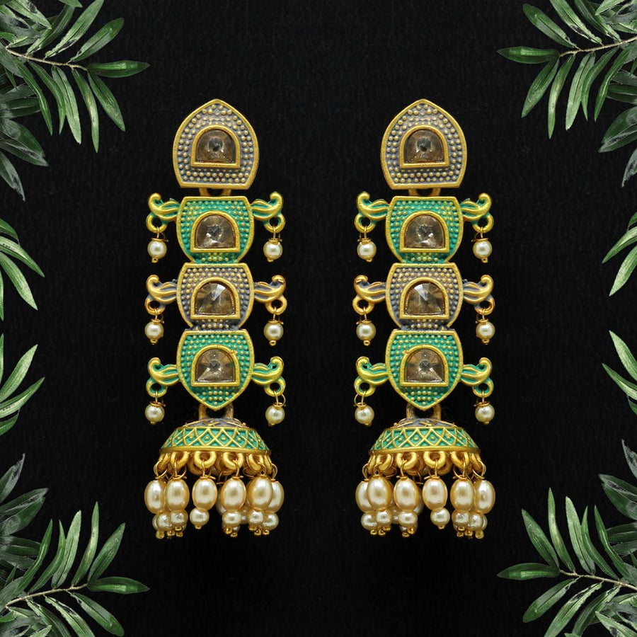 Rama Green Color Glass Stone Mint Meena Earrings (MNTE270RGRN)