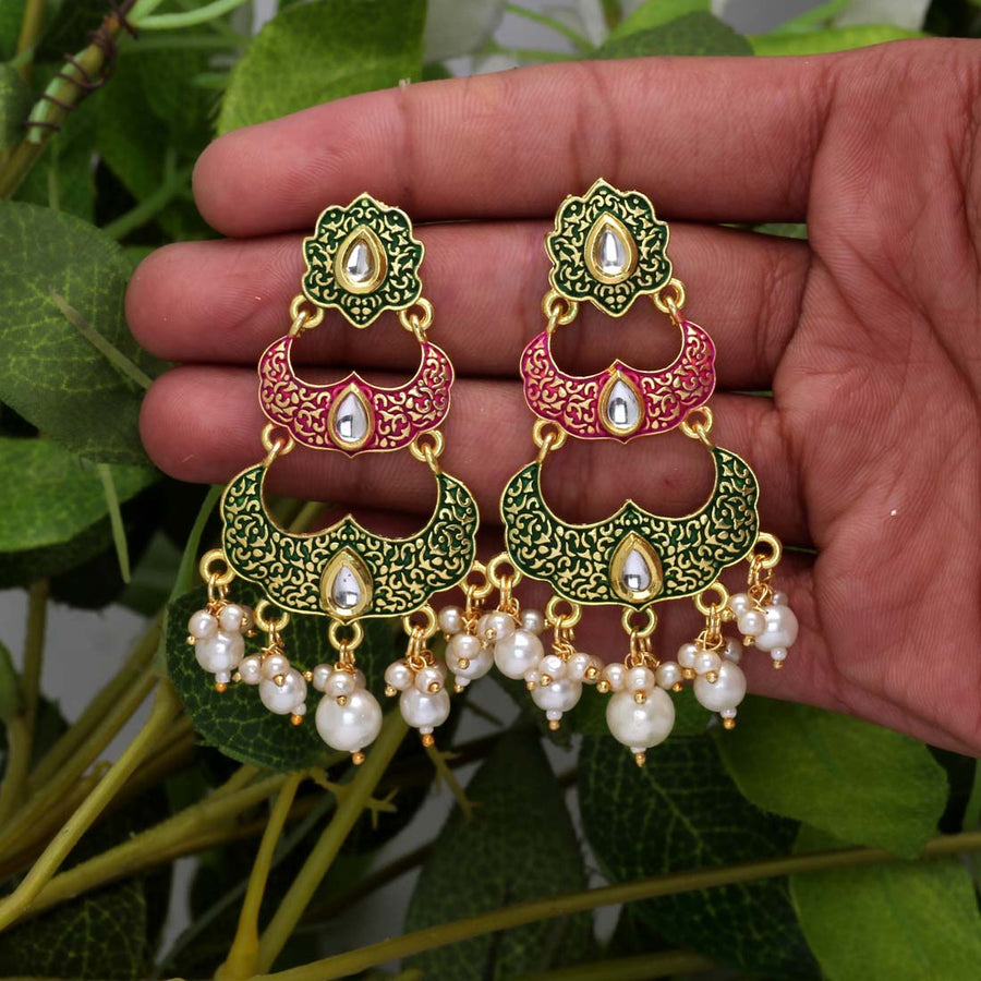 Green Color Kundan Mint Meena Earrings (MNTE313GRN)