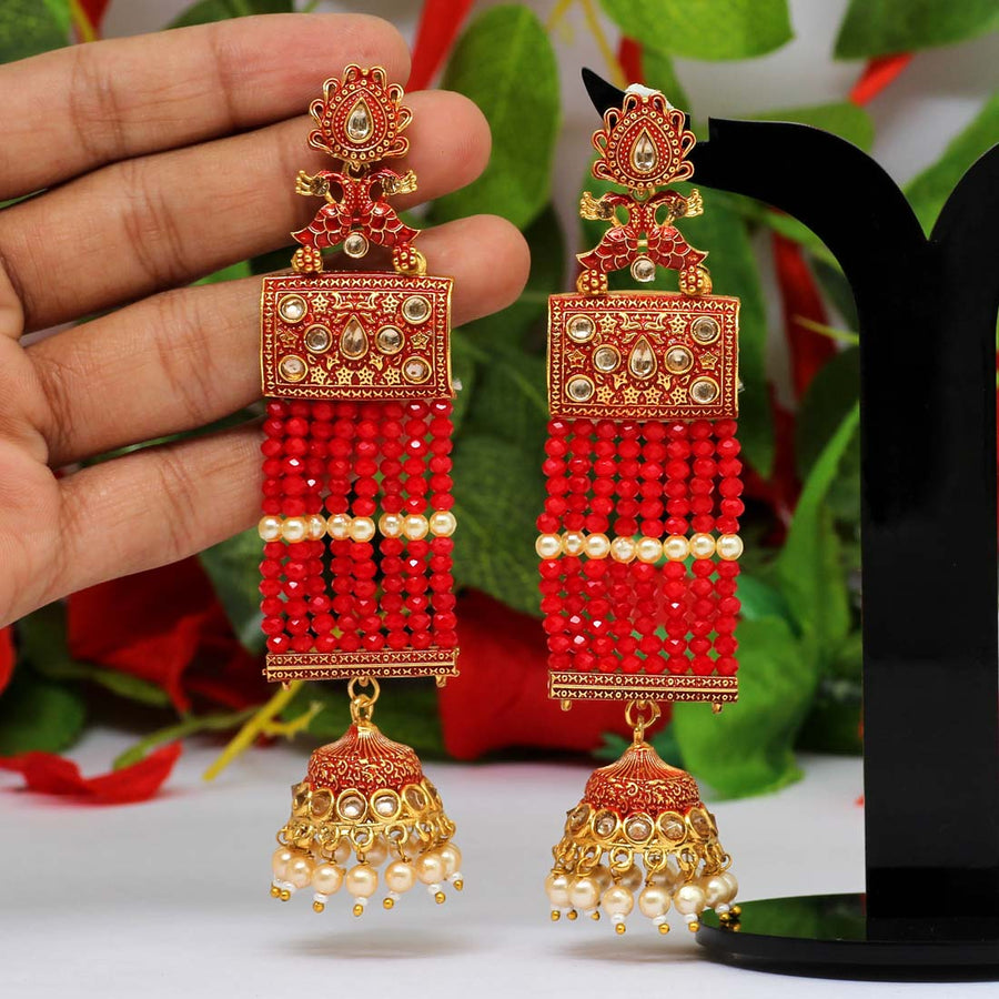 Red Color Glass Stone Mint Meena Long Earrings (MNTE384RED)