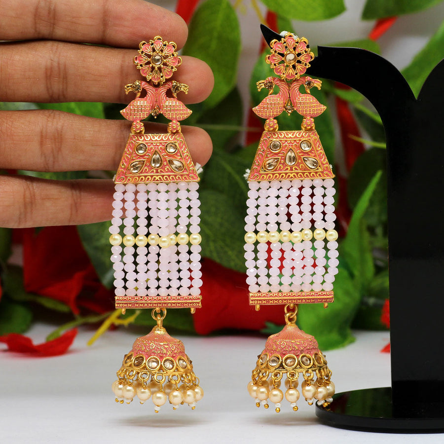 Pink Color Glass Stone Long Mint Meena Earrings (MNTE385PNK)