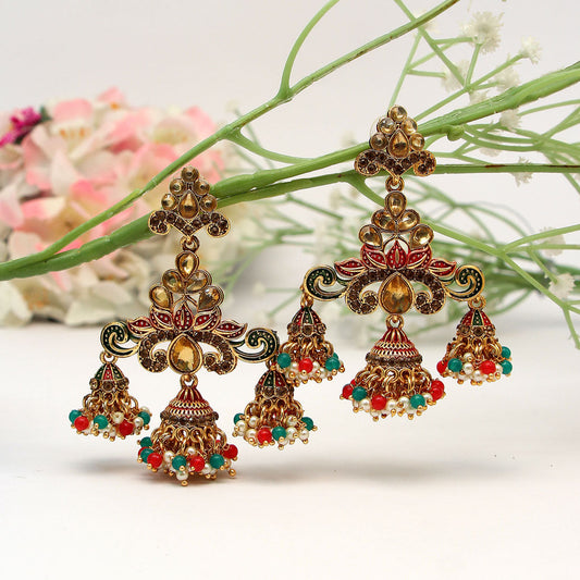 Maroon & Green Color Mint Meena Earrings (MNTE453MG)